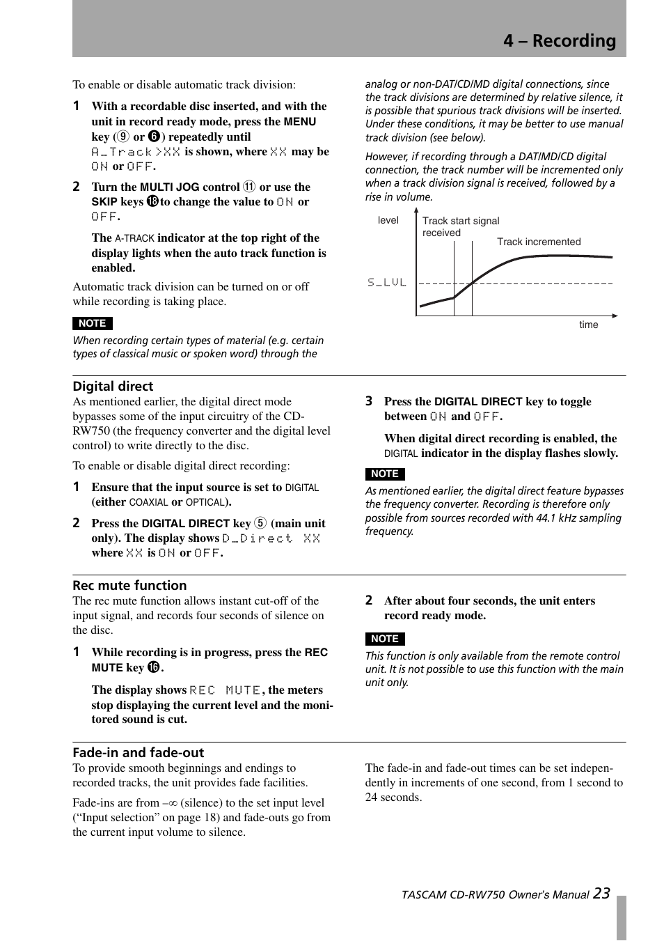 Digital direct, Rec mute function, Fade-in and fade-out | 4 – recording | Teac CD-RW750 User Manual | Page 23 / 30