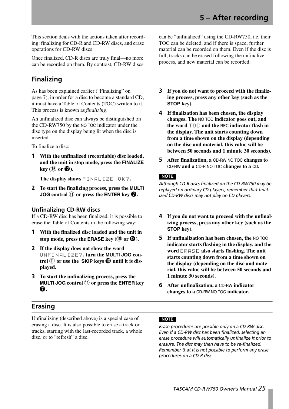 5 - after recording, Finalizing, Unfinalizing cd-rw discs | Erasing, 5 – after recording | Teac CD-RW750 User Manual | Page 25 / 30