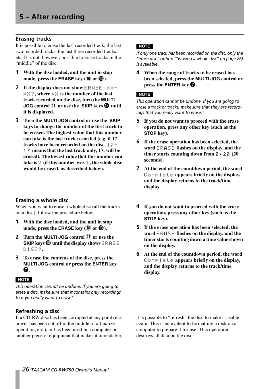 Erasing tracks, Erasing a whole disc, Refreshing a disc | 5 – after recording | Teac CD-RW750 User Manual | Page 26 / 30