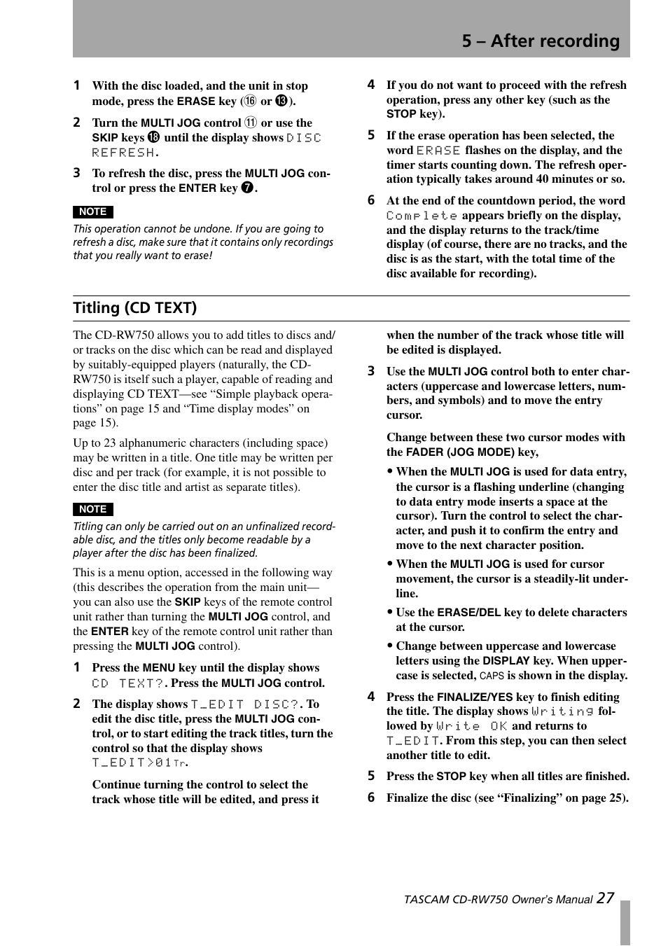 Titling (cd text), 5 – after recording | Teac CD-RW750 User Manual | Page 27 / 30