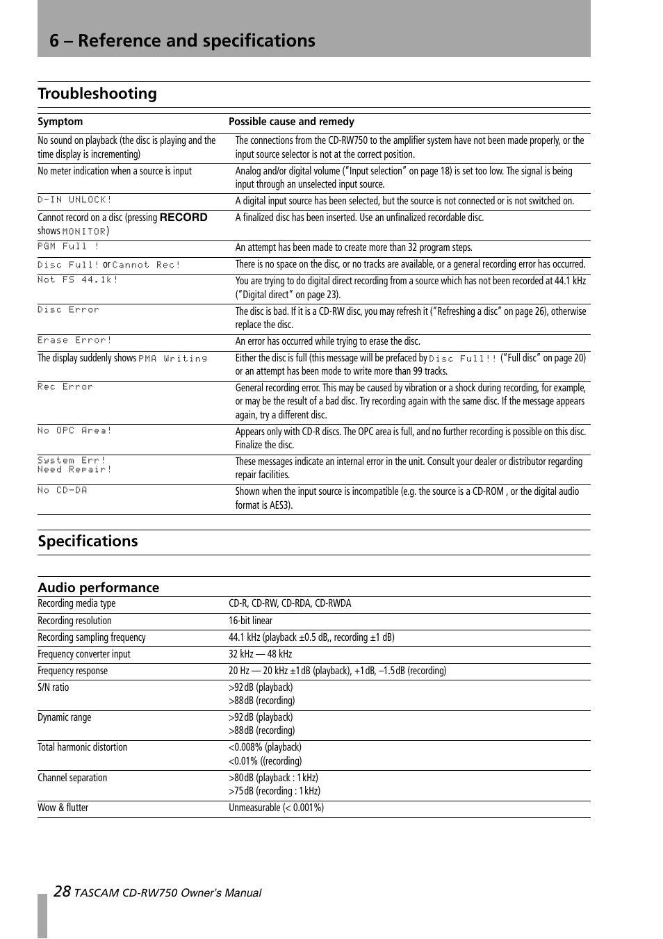 6 - reference and specifications, Troubleshooting, Specifications | Audio performance, 6 – reference and specifications, Troubleshooting specifications | Teac CD-RW750 User Manual | Page 28 / 30