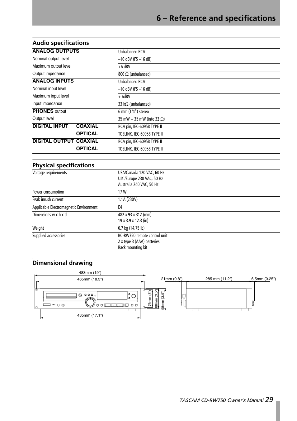 Audio specifications, Physical specifications, Dimensional drawing | 6 – reference and specifications | Teac CD-RW750 User Manual | Page 29 / 30