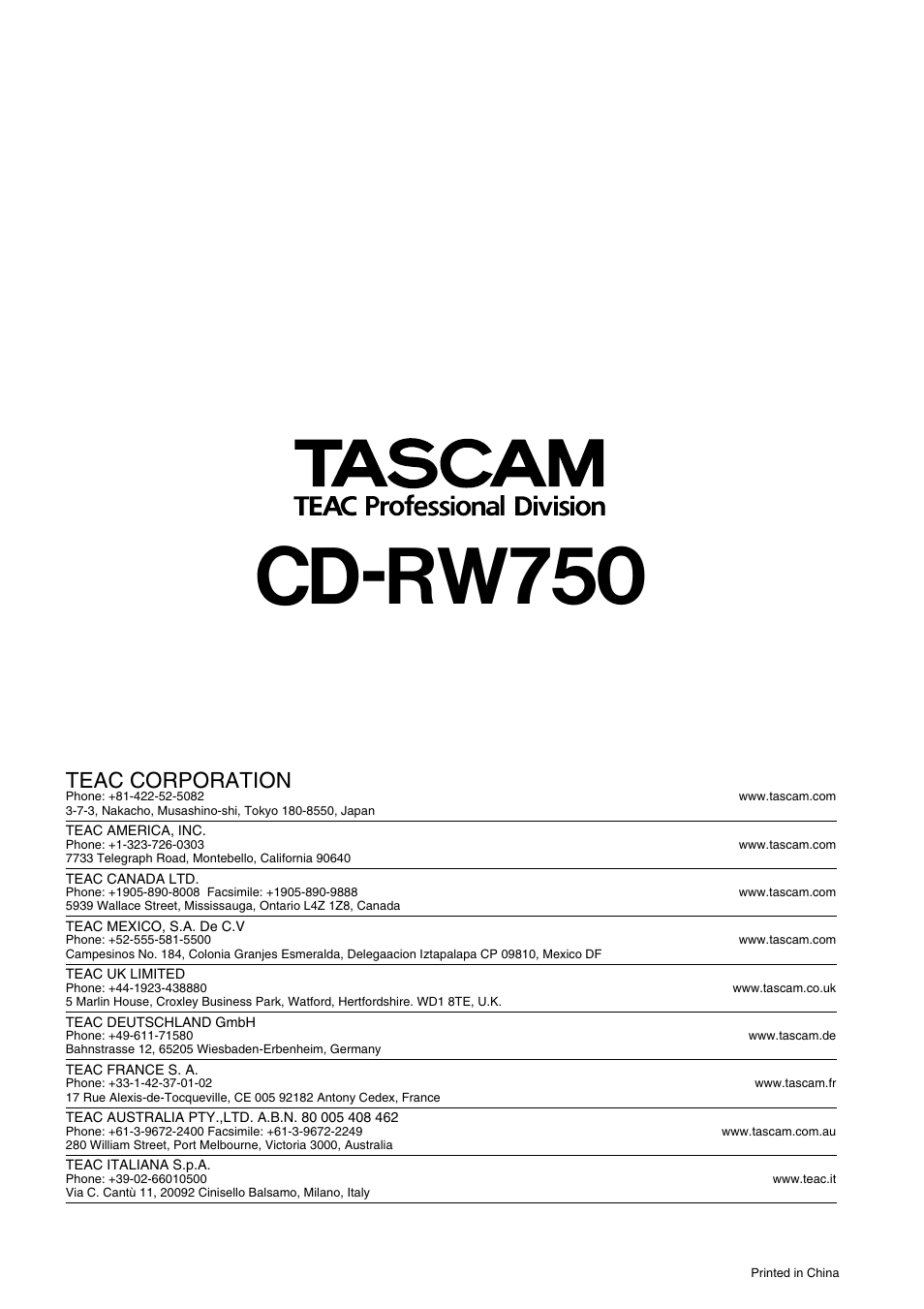 Cd-rw750, Teac corporation | Teac CD-RW750 User Manual | Page 30 / 30