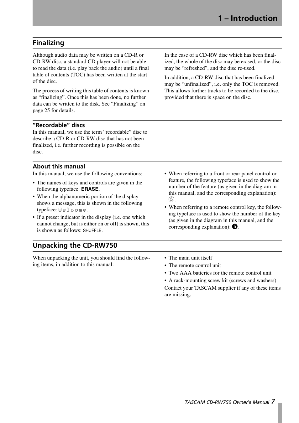 Finalizing, Recordable” discs, About this manual | Unpacking the cd-rw750, Recordable” discs about this manual, 1 – introduction, 7finalizing | Teac CD-RW750 User Manual | Page 7 / 30