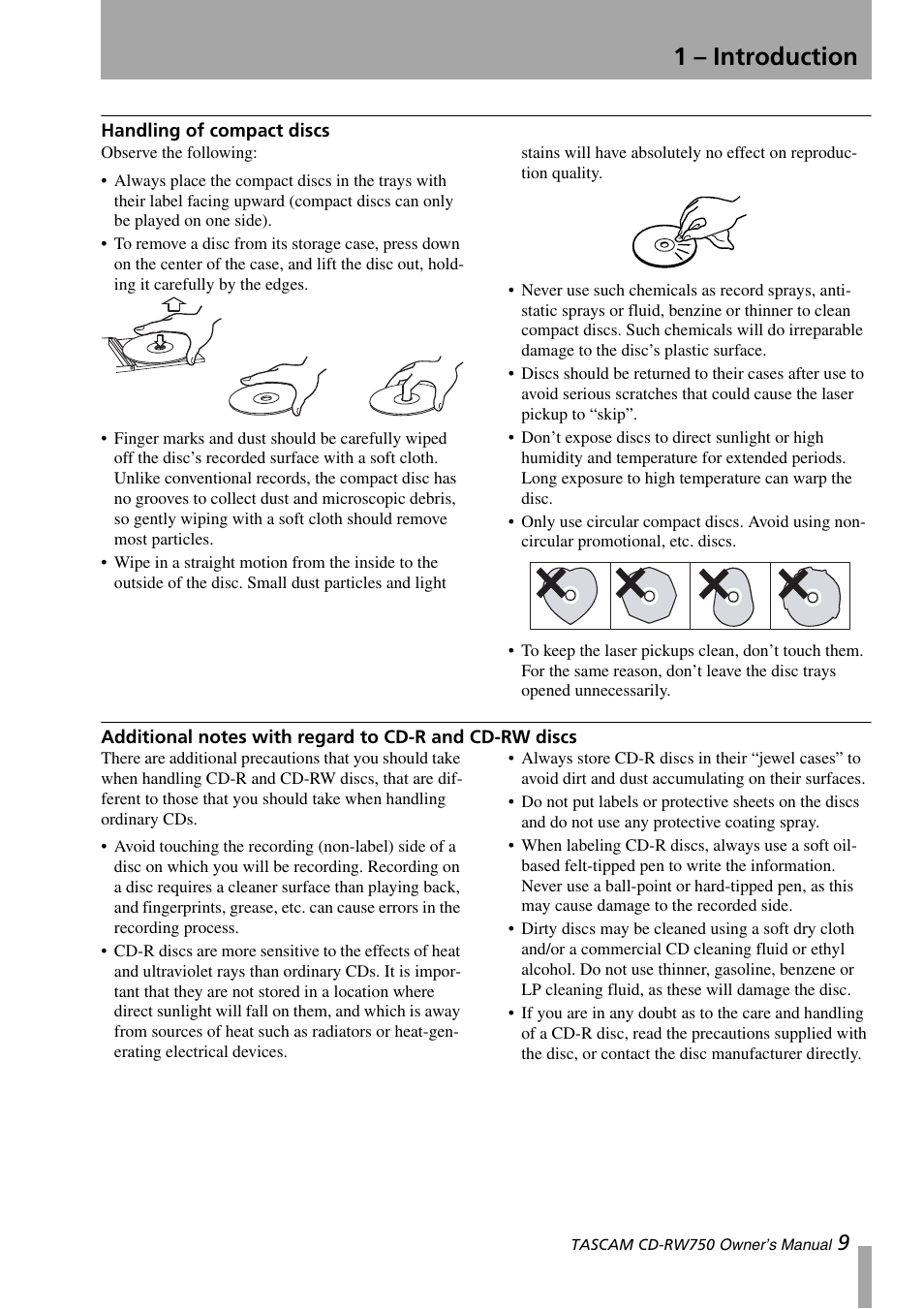 Handling of compact discs, And cd-rw discs, 1 – introduction | Teac CD-RW750 User Manual | Page 9 / 30