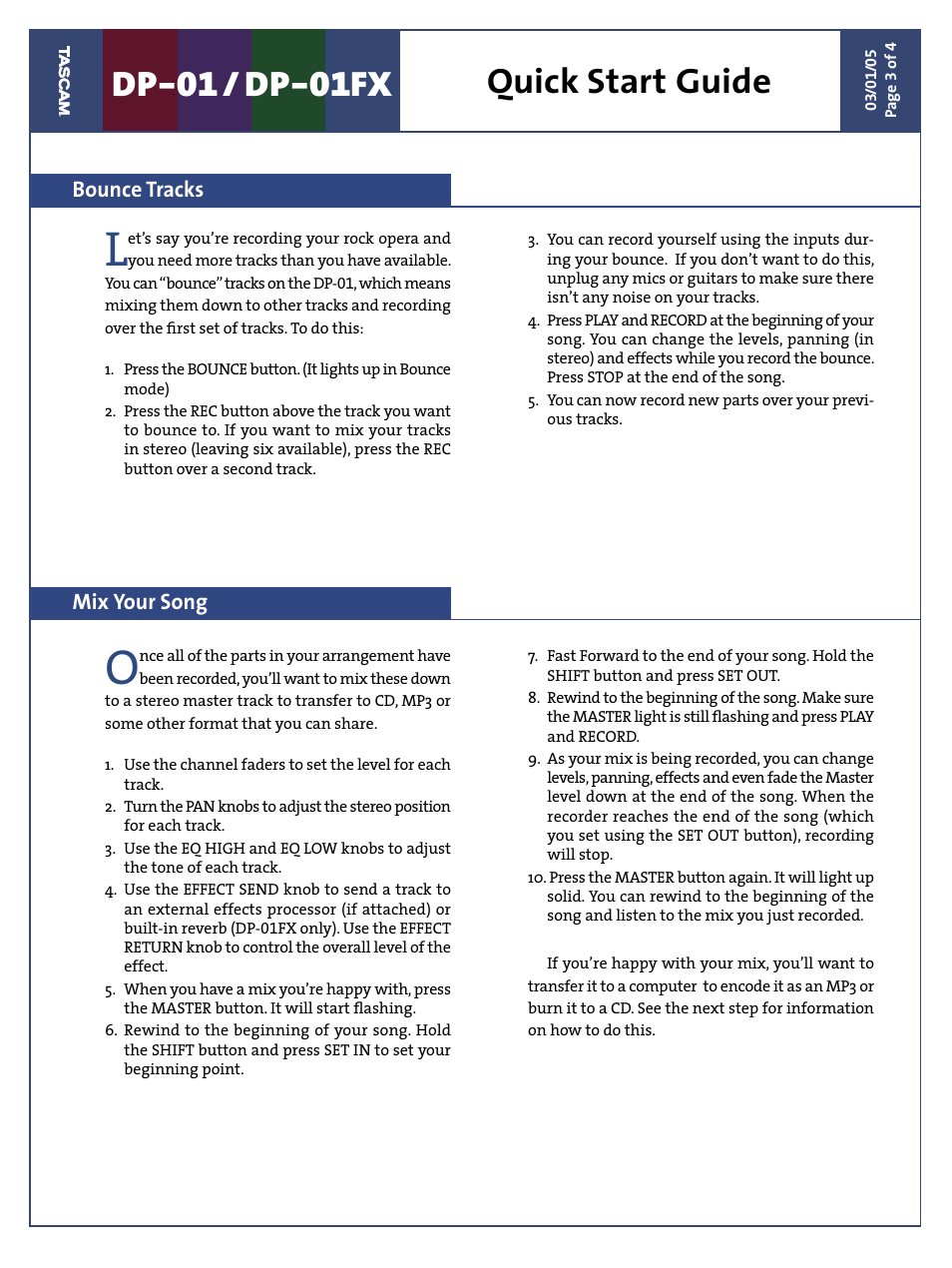 Dp-01 / dp-01fx, Quick start guide, Bounce tracks | Mix your song | Teac DP-01 Series Quick Start User Manual | Page 3 / 4