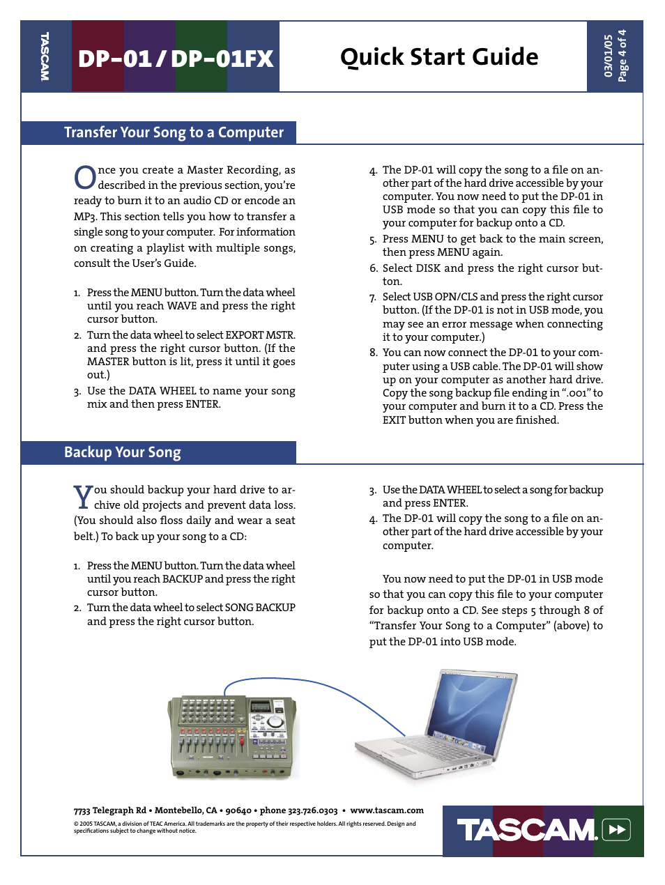 Dp-01 / dp-01fx, Quick start guide, Transfer your song to a computer | Backup your song | Teac DP-01 Series Quick Start User Manual | Page 4 / 4