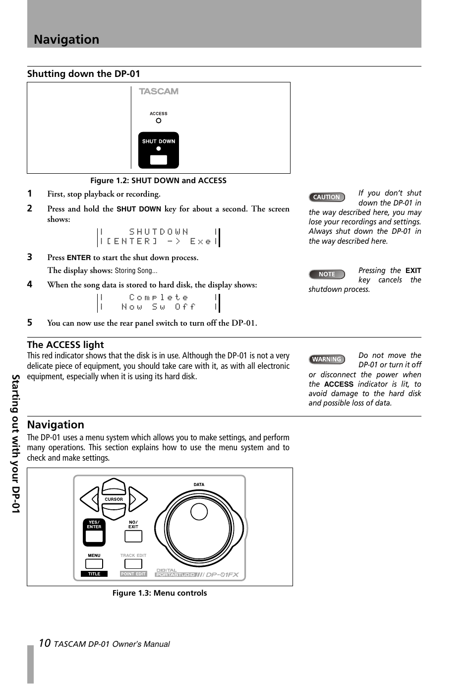 Shutting down the dp-01, The access light, Navigation | Shutting down the dp-01 the access light, Starting out with your dp-01 | Teac DP-01 Series Owners Manual User Manual | Page 10 / 68