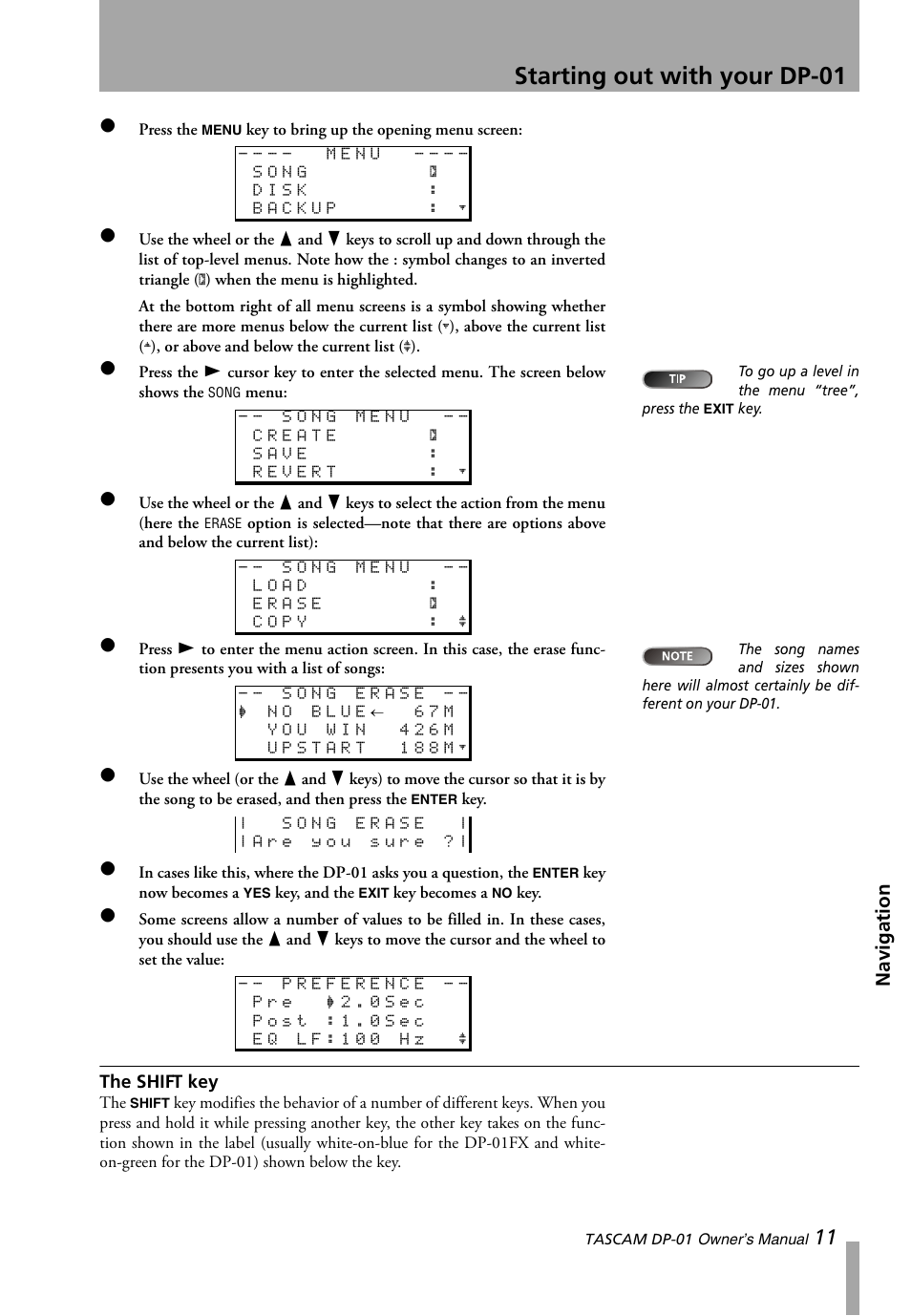 The shift key, Starting out with your dp-01, Navigation | Teac DP-01 Series Owners Manual User Manual | Page 11 / 68