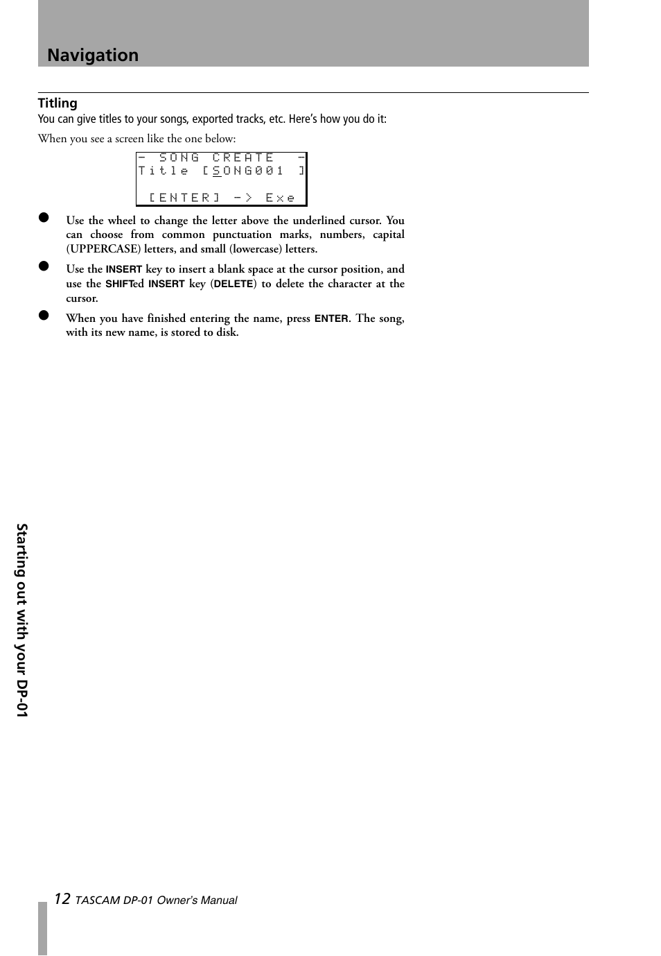 Titling, Navigation | Teac DP-01 Series Owners Manual User Manual | Page 12 / 68