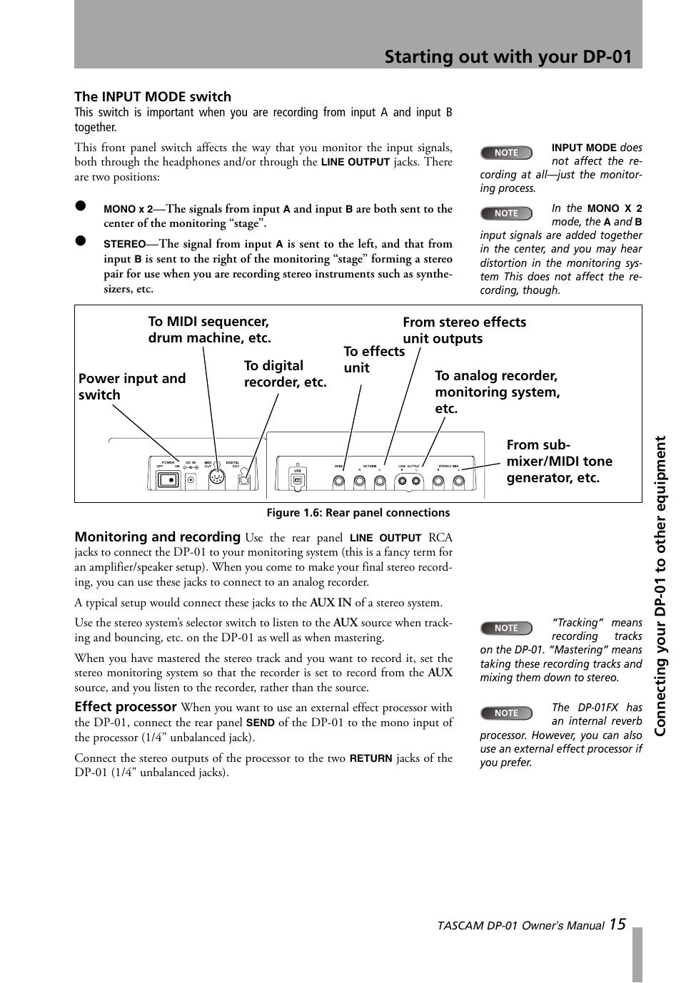 The input mode switch, Figure 1.6: rear panel connections, The input mode switch” on | Starting out with your dp-01 | Teac DP-01 Series Owners Manual User Manual | Page 15 / 68