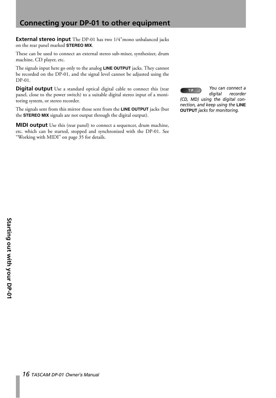 Connecting your dp-01 to other equipment | Teac DP-01 Series Owners Manual User Manual | Page 16 / 68