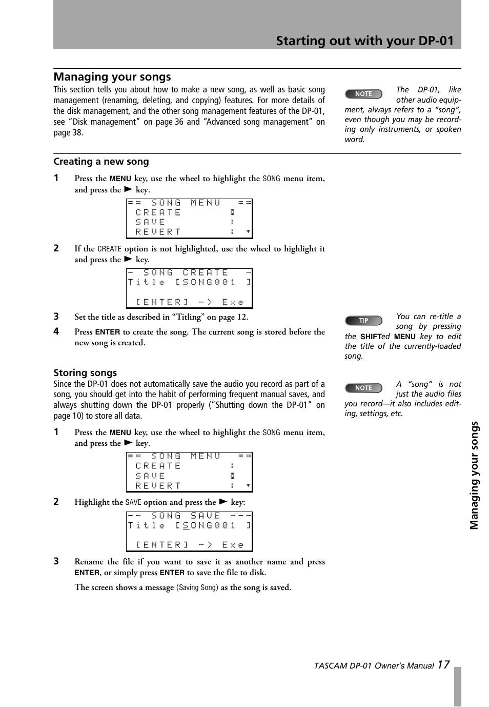 Managing your songs, Creating a new song, Storing songs | Starting out with your dp-01 | Teac DP-01 Series Owners Manual User Manual | Page 17 / 68