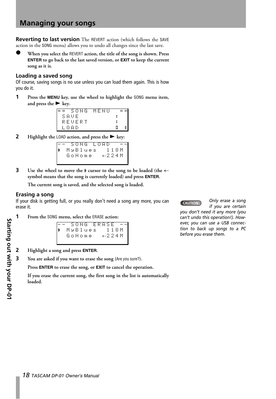 Loading a saved song, Erasing a song, Loading a saved song erasing a song | Managing your songs, Starting out with your dp-01 | Teac DP-01 Series Owners Manual User Manual | Page 18 / 68