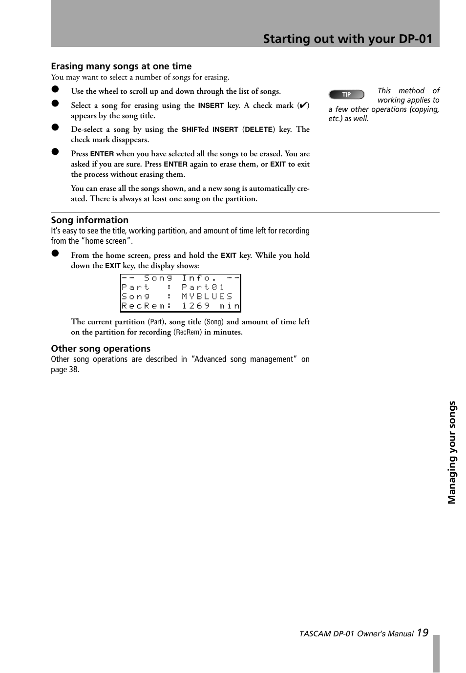 Erasing many songs at one time, Song information, Other song operations | Starting out with your dp-01 | Teac DP-01 Series Owners Manual User Manual | Page 19 / 68