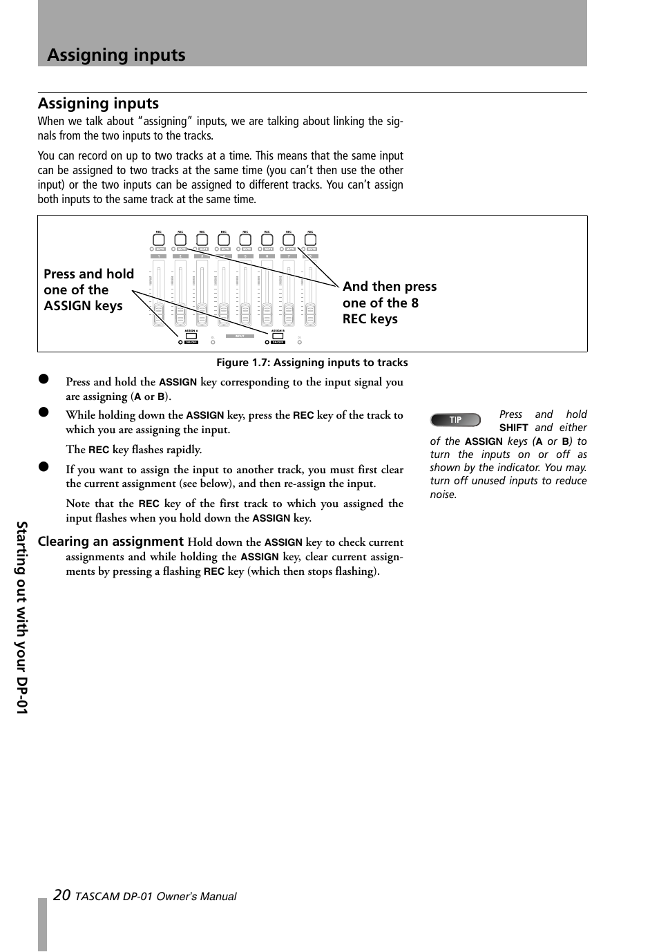 Assigning inputs, Figure 1.7: assigning inputs to tracks | Teac DP-01 Series Owners Manual User Manual | Page 20 / 68