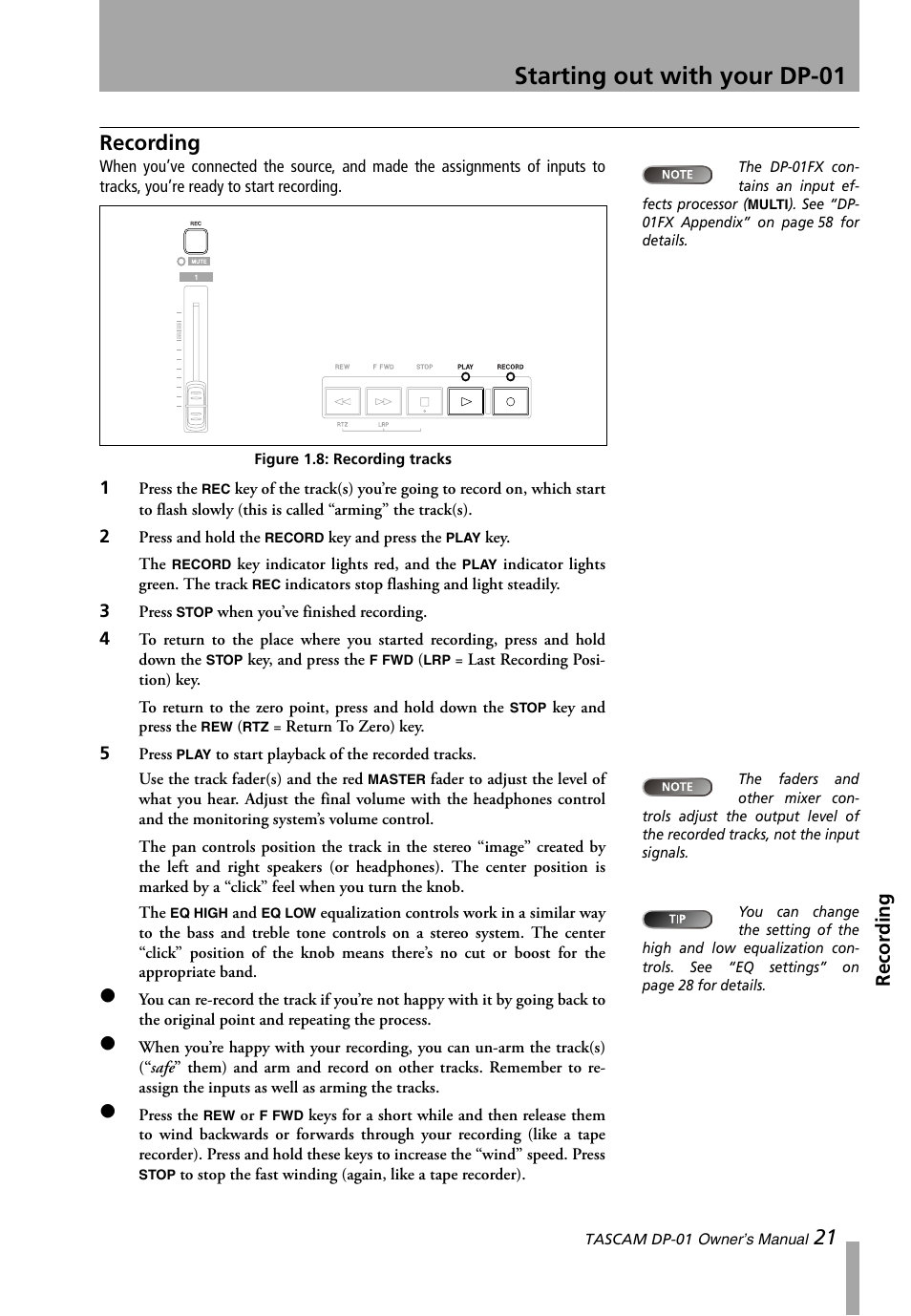 Recording, Figure 1.8: recording tracks, Starting out with your dp-01 | Teac DP-01 Series Owners Manual User Manual | Page 21 / 68