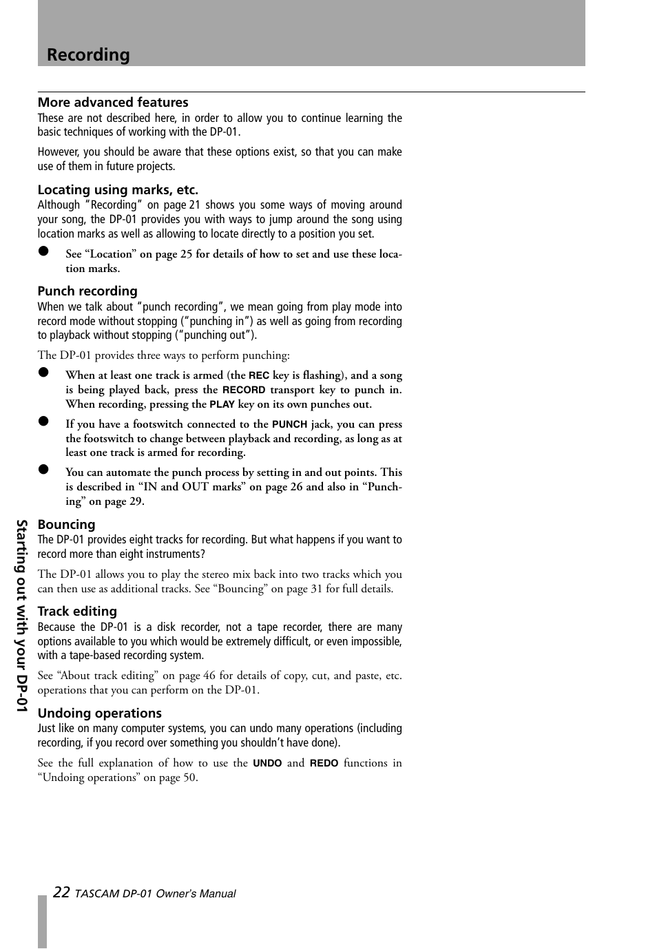 More advanced features, Locating using marks, etc, Punch recording | Bouncing, Track editing, Undoing operations, Recording | Teac DP-01 Series Owners Manual User Manual | Page 22 / 68