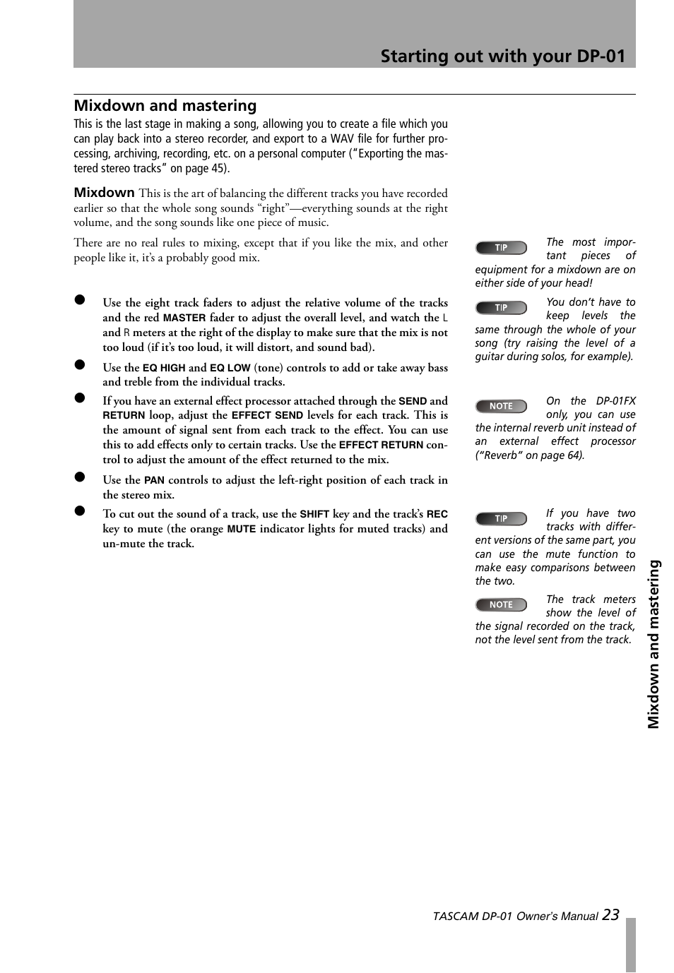 Mixdown and mastering, Starting out with your dp-01 | Teac DP-01 Series Owners Manual User Manual | Page 23 / 68