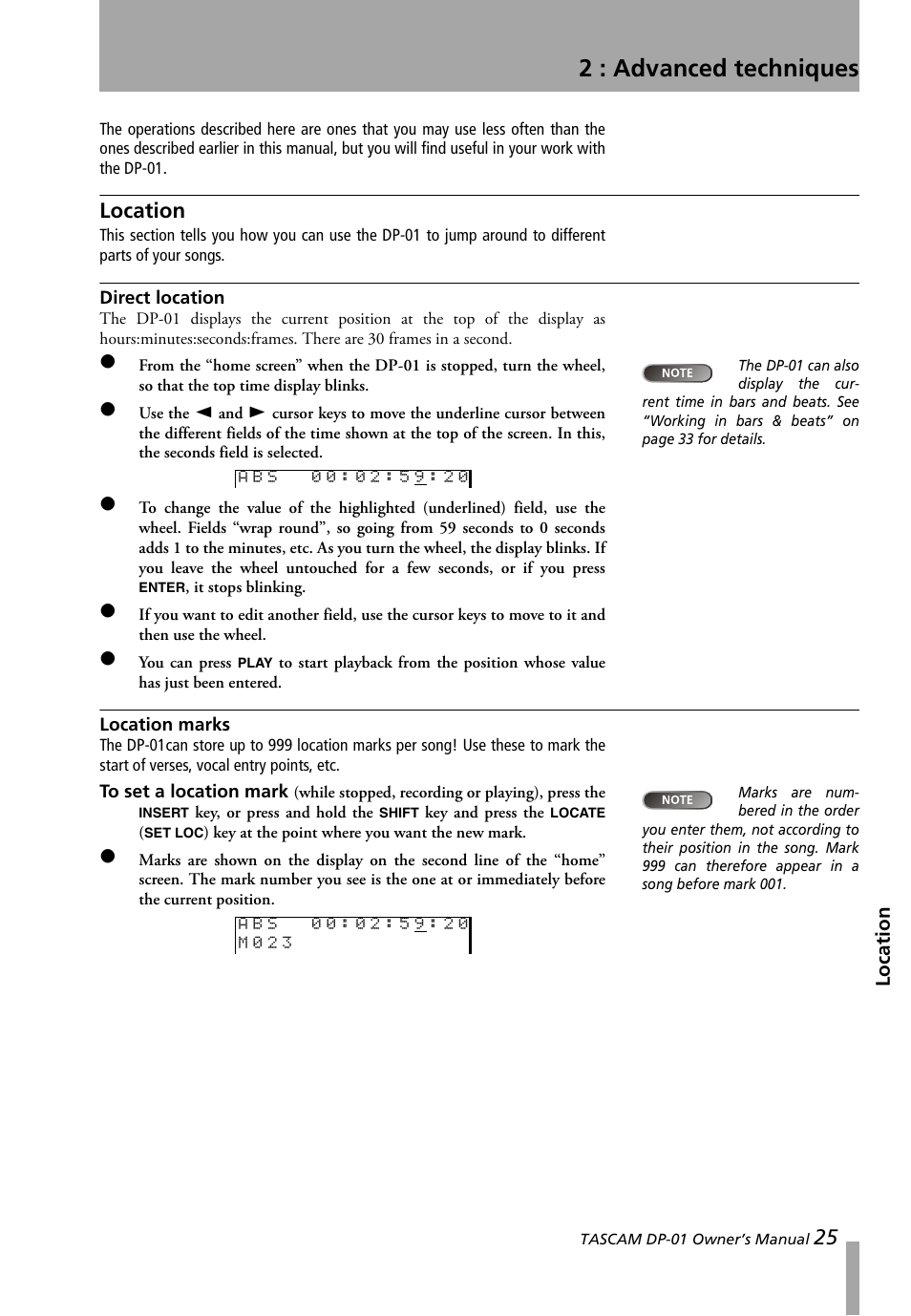 2 : advanced techniques, Location, Direct location | Location marks, Direct location location marks | Teac DP-01 Series Owners Manual User Manual | Page 25 / 68