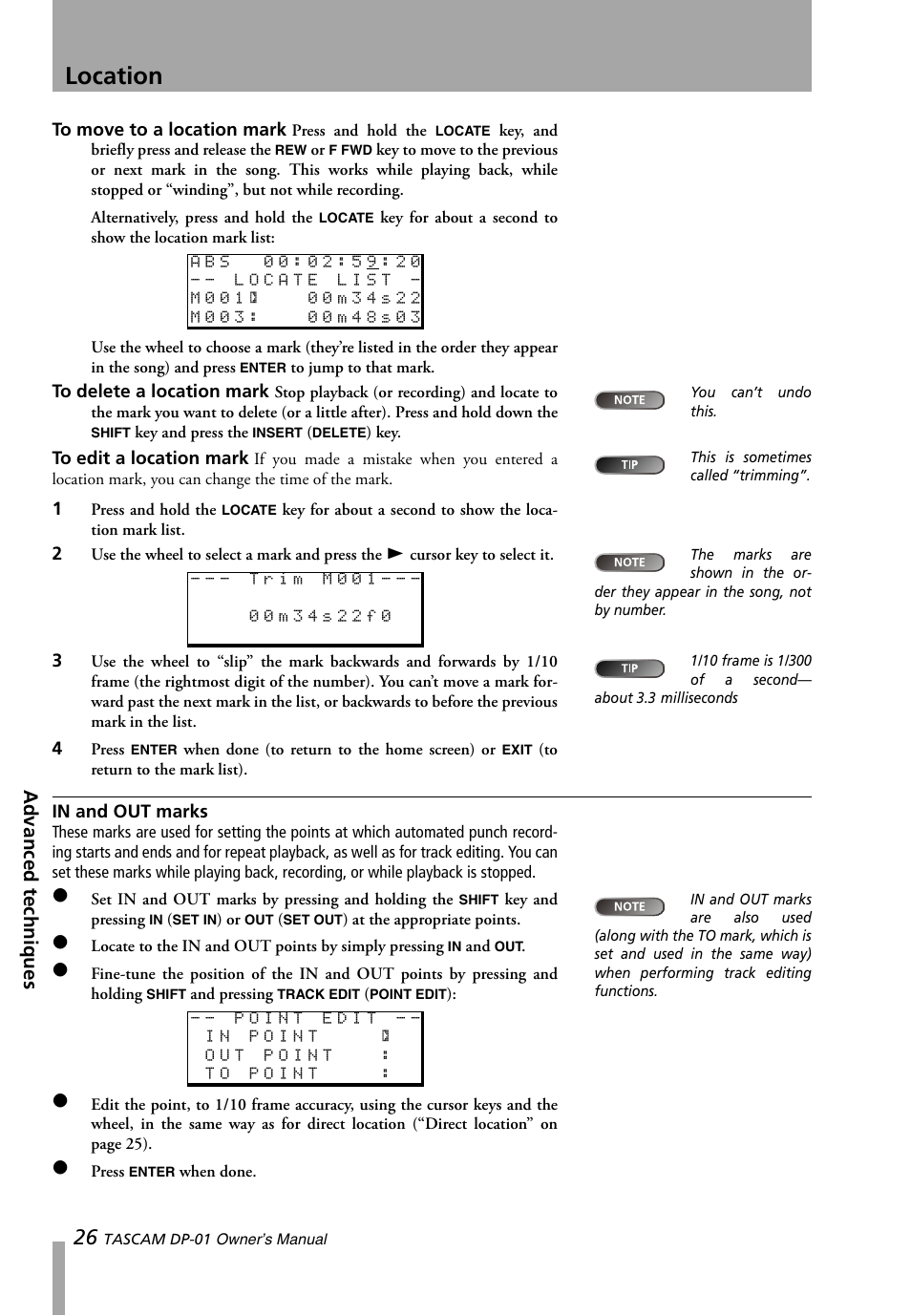 In and out marks, Ee “in and out marks, Location | Advanced techniques | Teac DP-01 Series Owners Manual User Manual | Page 26 / 68