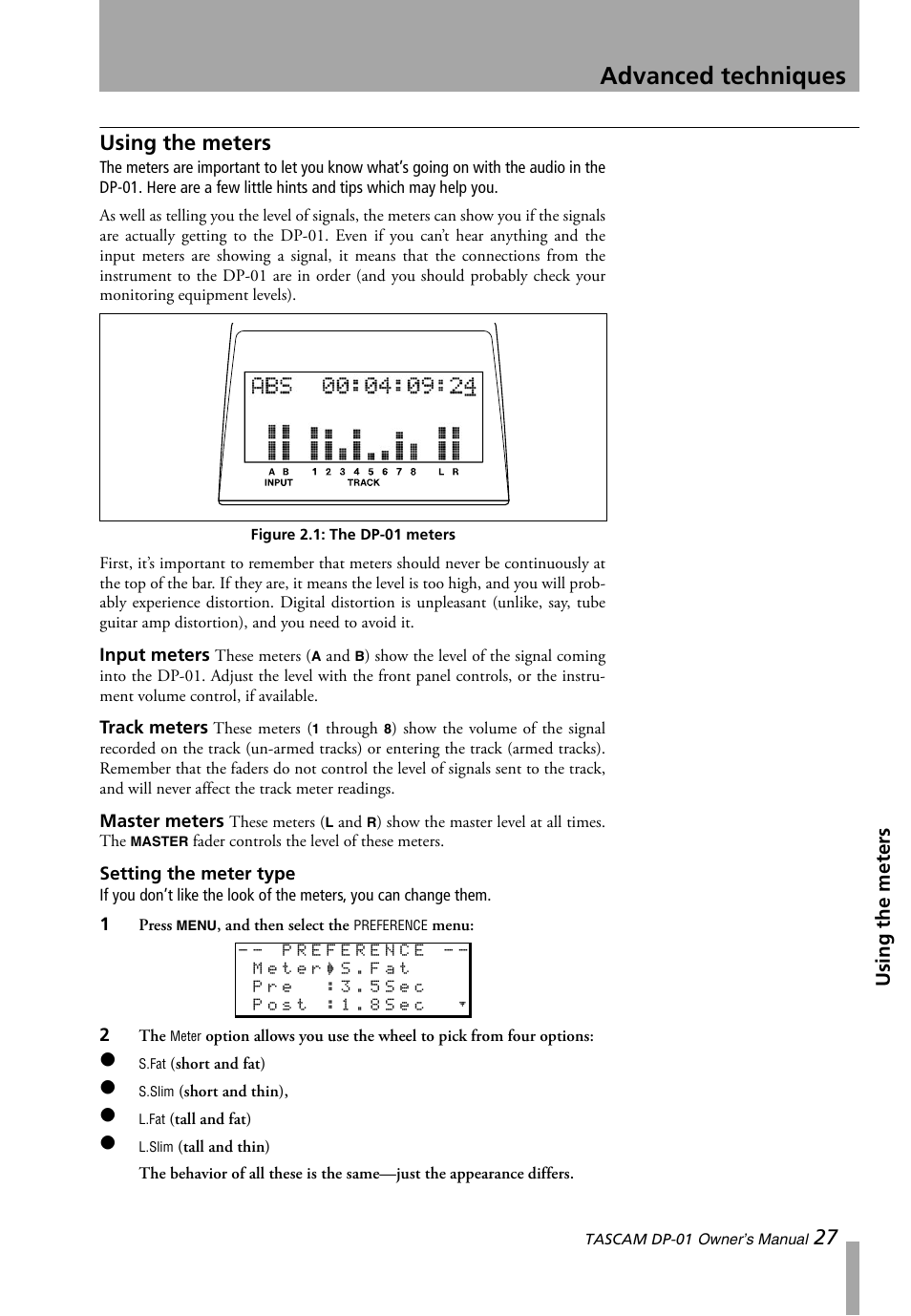 Using the meters, Setting the meter type, Figure 2.1: the dp-01 meters | Advanced techniques | Teac DP-01 Series Owners Manual User Manual | Page 27 / 68