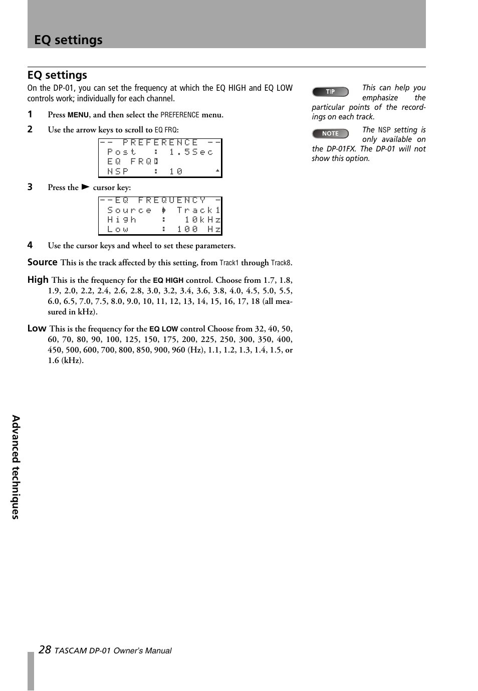 Eq settings, Advanced techniques | Teac DP-01 Series Owners Manual User Manual | Page 28 / 68