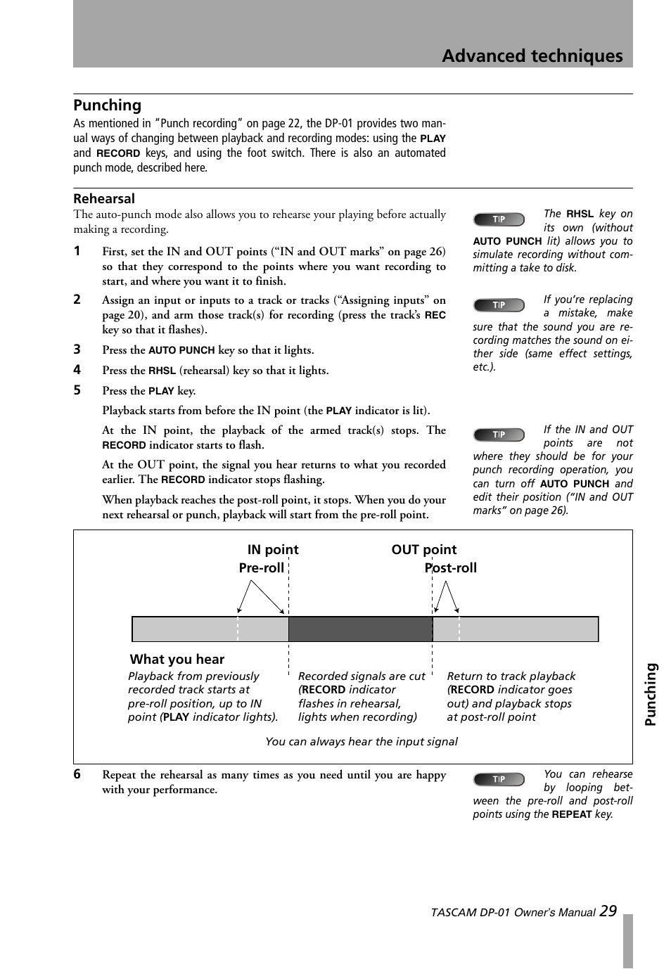 Punching, Rehearsal, Advanced techniques | Teac DP-01 Series Owners Manual User Manual | Page 29 / 68