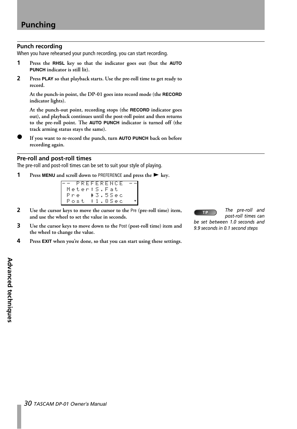 Punch recording, Pre-roll and post-roll times, Punch recording pre-roll and post-roll times | Punching, Advanced techniques | Teac DP-01 Series Owners Manual User Manual | Page 30 / 68