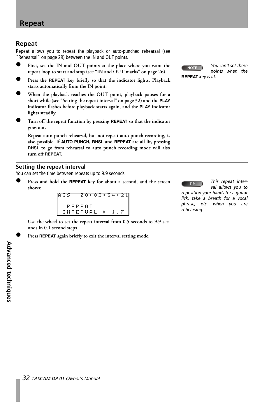 Repeat, Setting the repeat interval | Teac DP-01 Series Owners Manual User Manual | Page 32 / 68