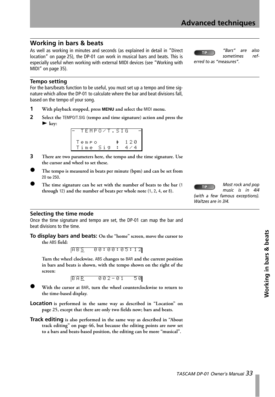 Working in bars & beats, Tempo setting, Selecting the time mode | Tempo setting selecting the time mode, Advanced techniques | Teac DP-01 Series Owners Manual User Manual | Page 33 / 68