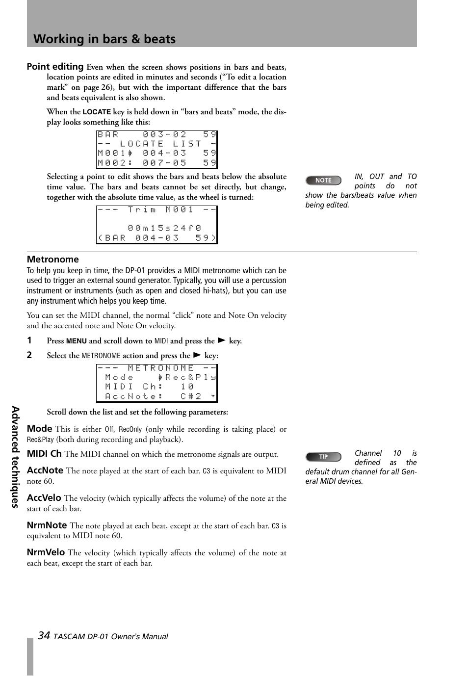 Metronome, Working in bars & beats, Advanced techniques | Teac DP-01 Series Owners Manual User Manual | Page 34 / 68