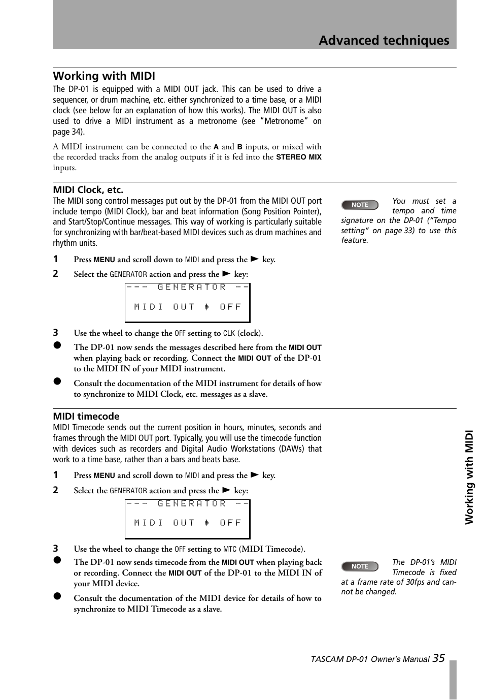 Working with midi, Midi clock, etc, Midi timecode | Midi clock, etc midi timecode, Advanced techniques | Teac DP-01 Series Owners Manual User Manual | Page 35 / 68