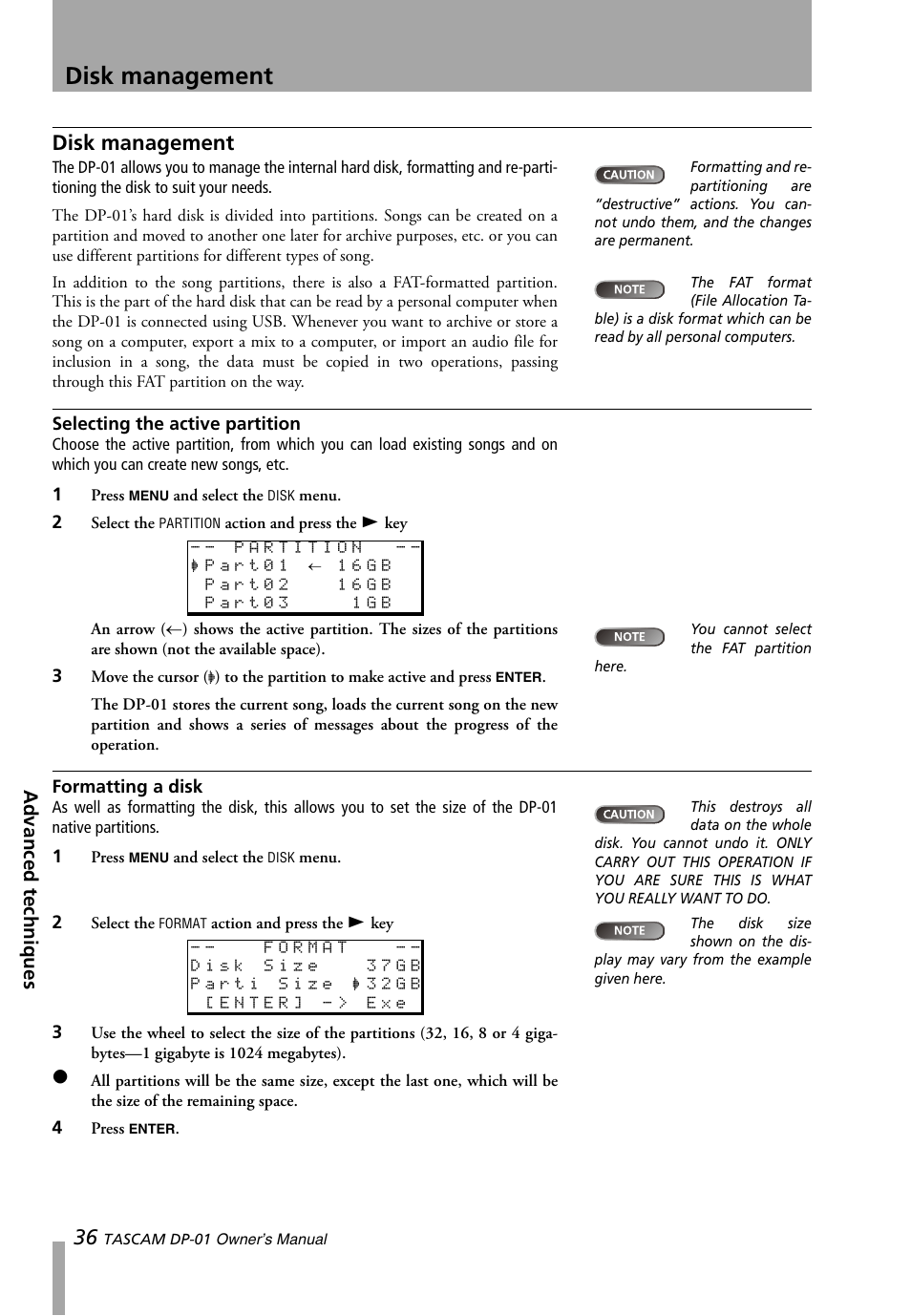 Disk management, Selecting the active partition, Formatting a disk | Selecting the active partition formatting a disk, Advanced techniques | Teac DP-01 Series Owners Manual User Manual | Page 36 / 68