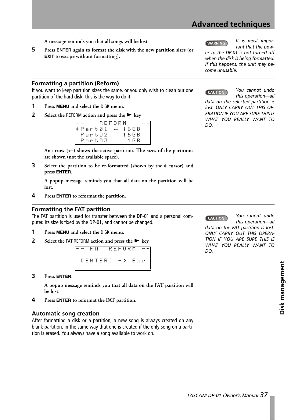 Formatting a partition (reform), Formatting the fat partition, Automatic song creation | Advanced techniques, Dis k management | Teac DP-01 Series Owners Manual User Manual | Page 37 / 68