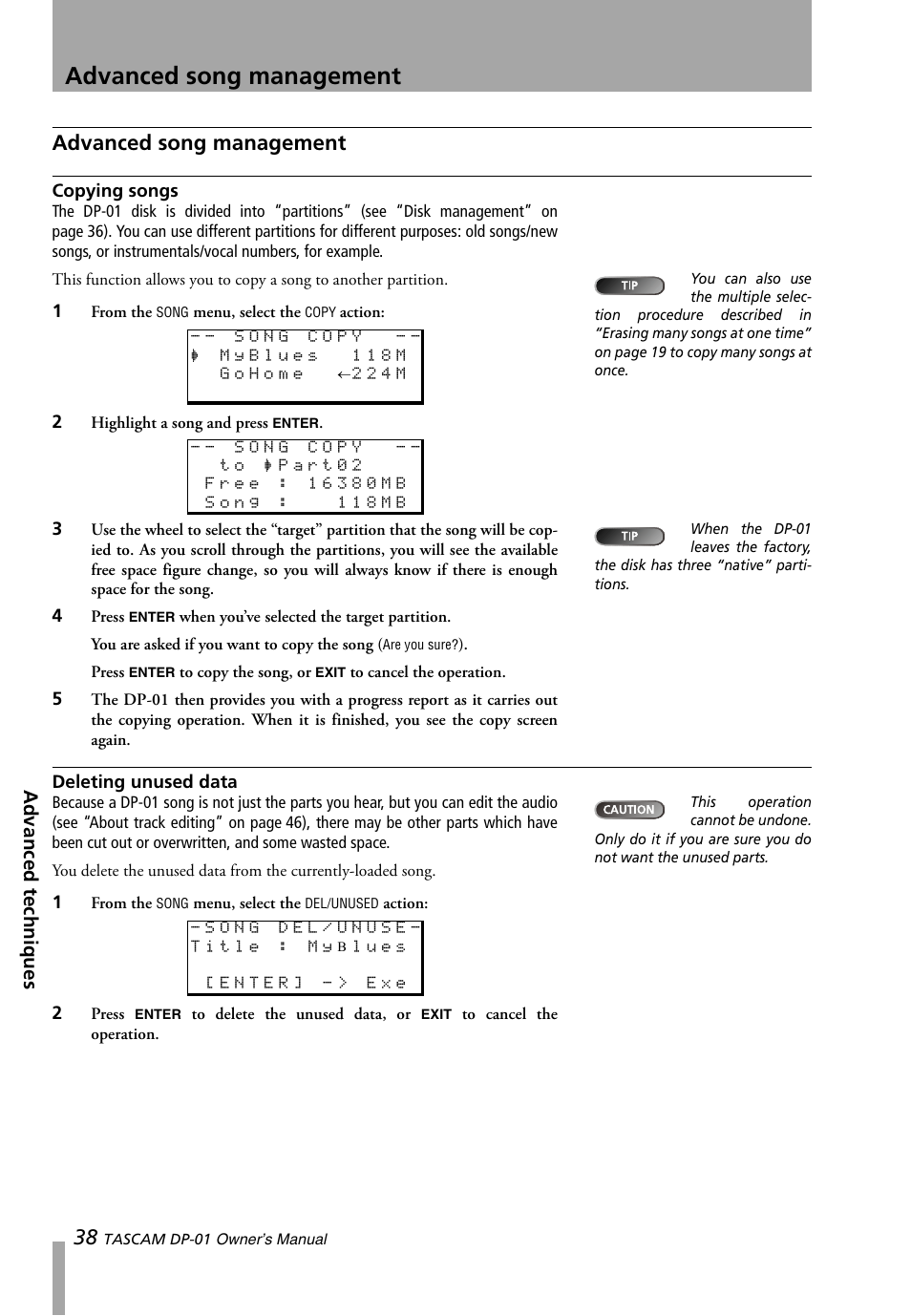 Advanced song management, Copying songs, Deleting unused data | Copying songs deleting unused data, Advanced techniques | Teac DP-01 Series Owners Manual User Manual | Page 38 / 68