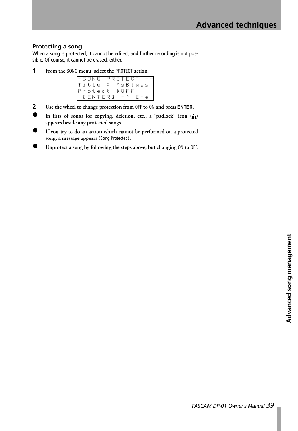 Protecting a song, Advanced techniques | Teac DP-01 Series Owners Manual User Manual | Page 39 / 68