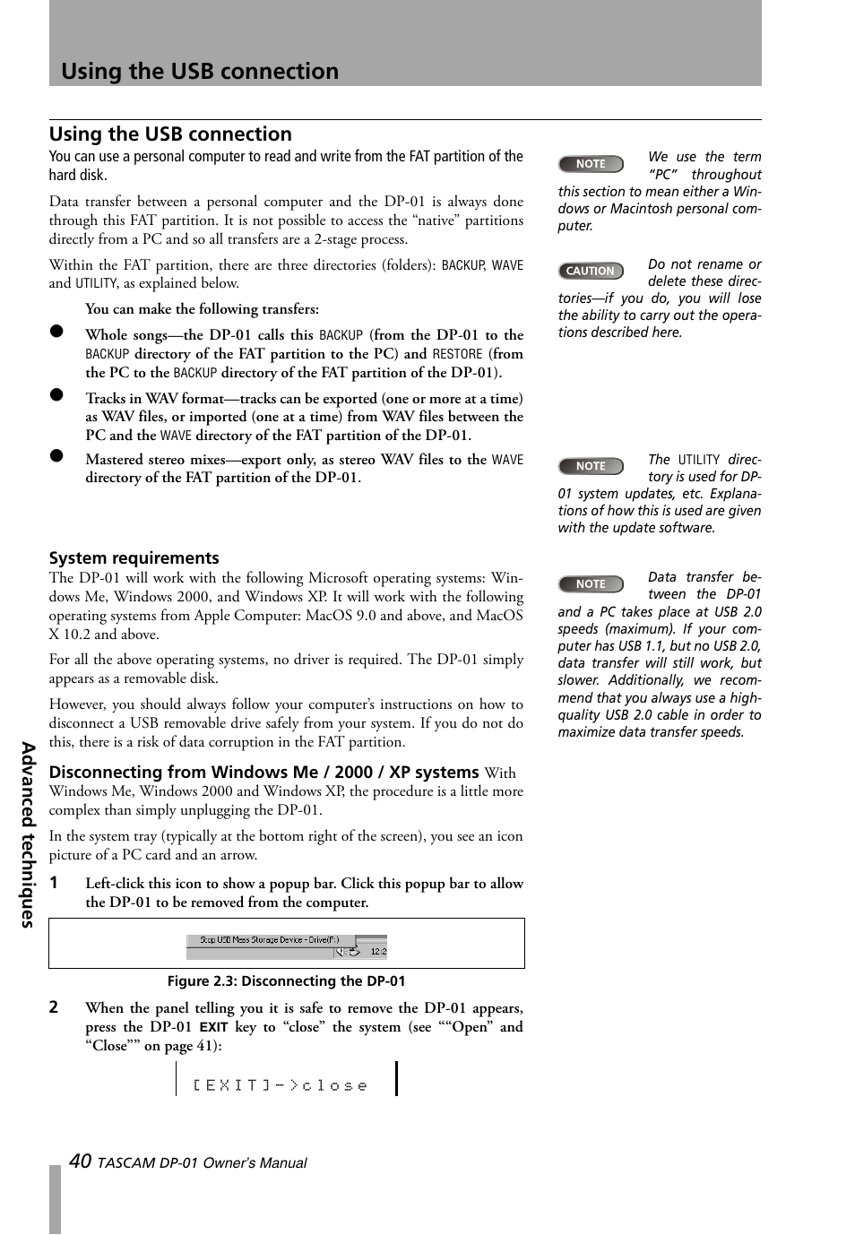 Using the usb connection, System requirements, Figure 2.3: disconnecting the dp-01 | Teac DP-01 Series Owners Manual User Manual | Page 40 / 68