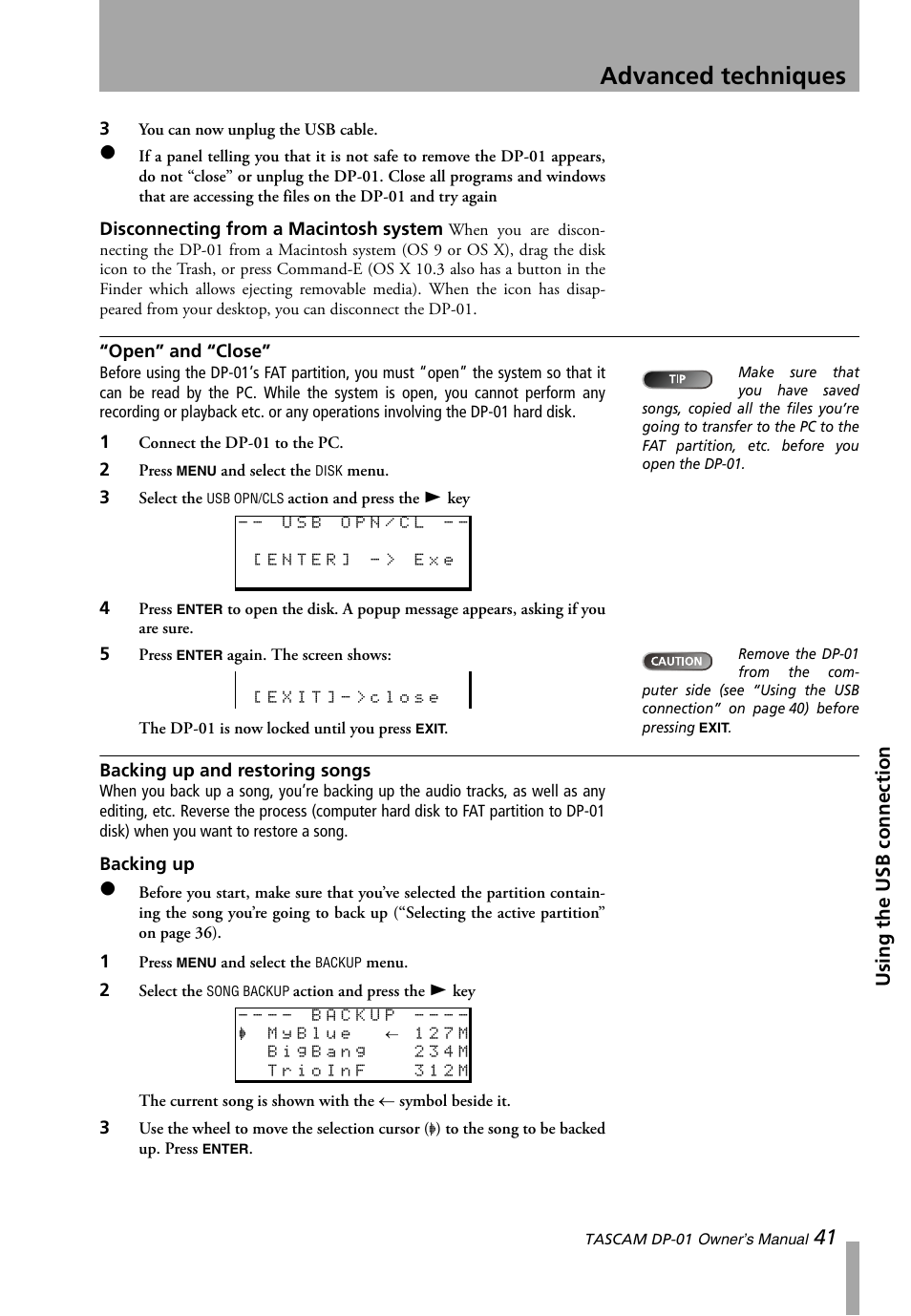 Open” and “close, Backing up and restoring songs, Backing up | Open” and “close” backing up and restoring songs, Advanced techniques, Using the usb connection | Teac DP-01 Series Owners Manual User Manual | Page 41 / 68