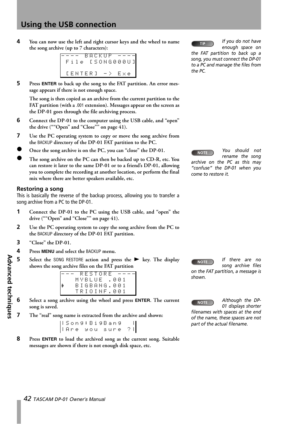 Restoring a song, Using the usb connection, Advanced techniques | Teac DP-01 Series Owners Manual User Manual | Page 42 / 68