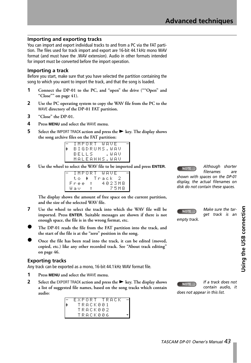 Importing and exporting tracks, Importing a track, Exporting tracks | Importing a track exporting tracks, Advanced techniques, Using the usb connection | Teac DP-01 Series Owners Manual User Manual | Page 43 / 68