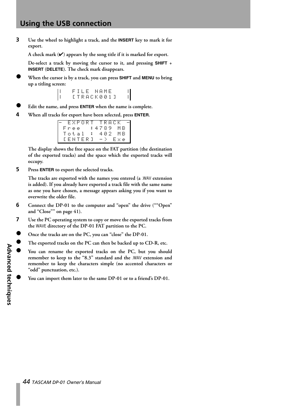 Using the usb connection | Teac DP-01 Series Owners Manual User Manual | Page 44 / 68