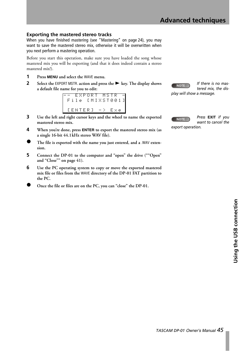 Exporting the mastered stereo tracks, Advanced techniques | Teac DP-01 Series Owners Manual User Manual | Page 45 / 68