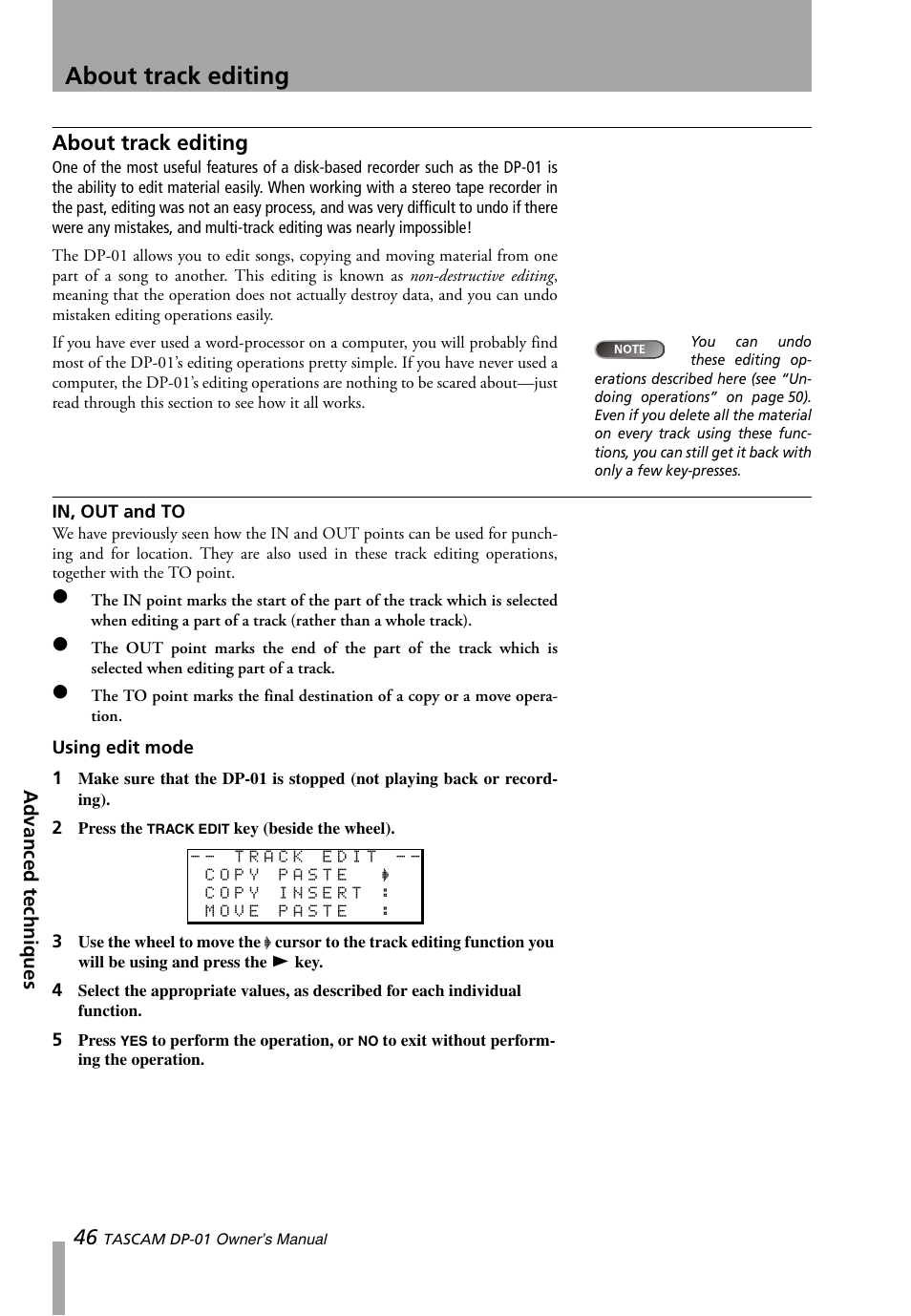 About track editing, In, out and to, Using edit mode | About | Teac DP-01 Series Owners Manual User Manual | Page 46 / 68