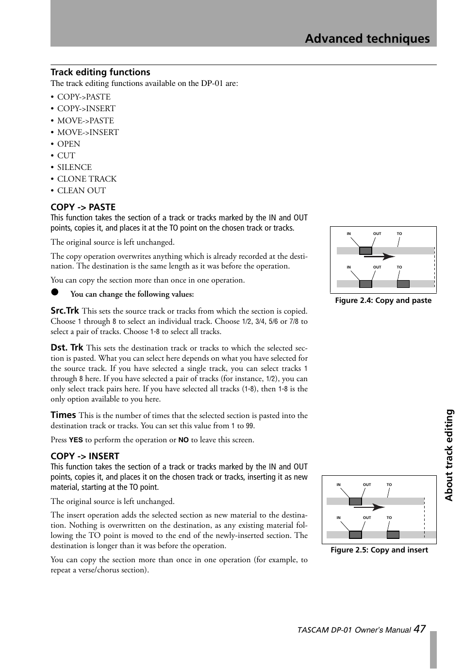 Track editing functions, Copy -> paste, Copy -> insert | Copy -> paste copy -> insert, Advanced techniques, About track editing, Src.trk, Dst. trk, Times | Teac DP-01 Series Owners Manual User Manual | Page 47 / 68