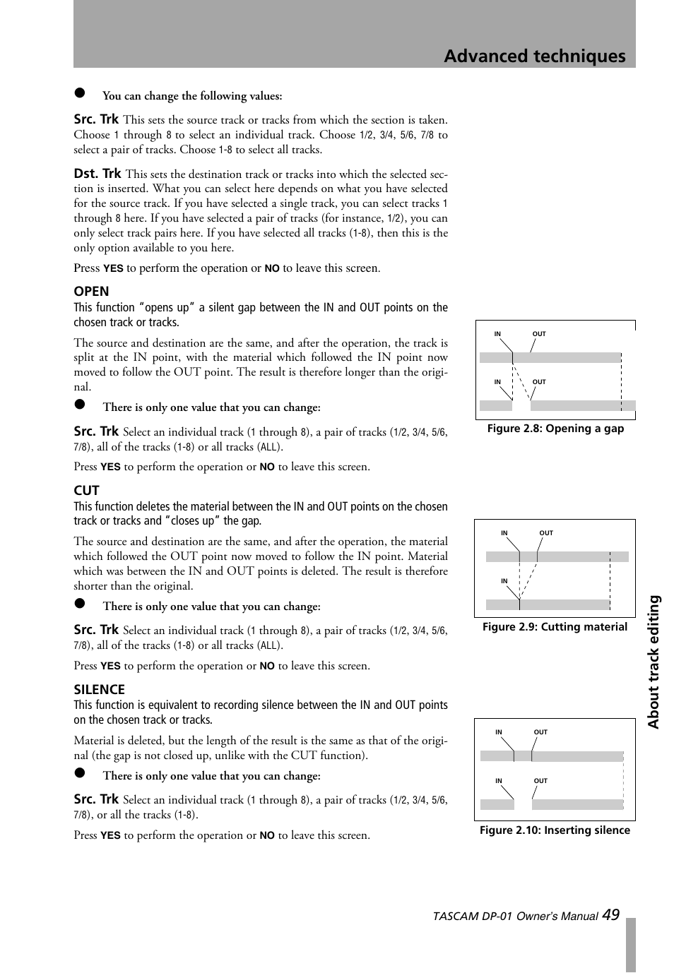 Open, Silence, Open cut silence | Advanced techniques, About track editing | Teac DP-01 Series Owners Manual User Manual | Page 49 / 68