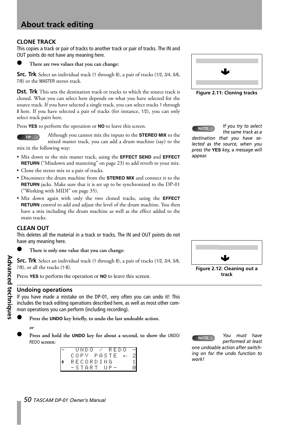 Clone track, Clean out, Undoing operations | Clone track clean out, About track editing, Advanced techniques | Teac DP-01 Series Owners Manual User Manual | Page 50 / 68