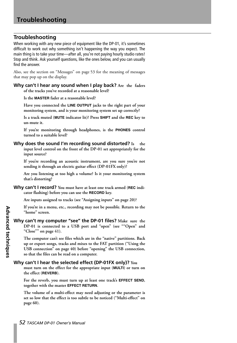 Troubleshooting | Teac DP-01 Series Owners Manual User Manual | Page 52 / 68