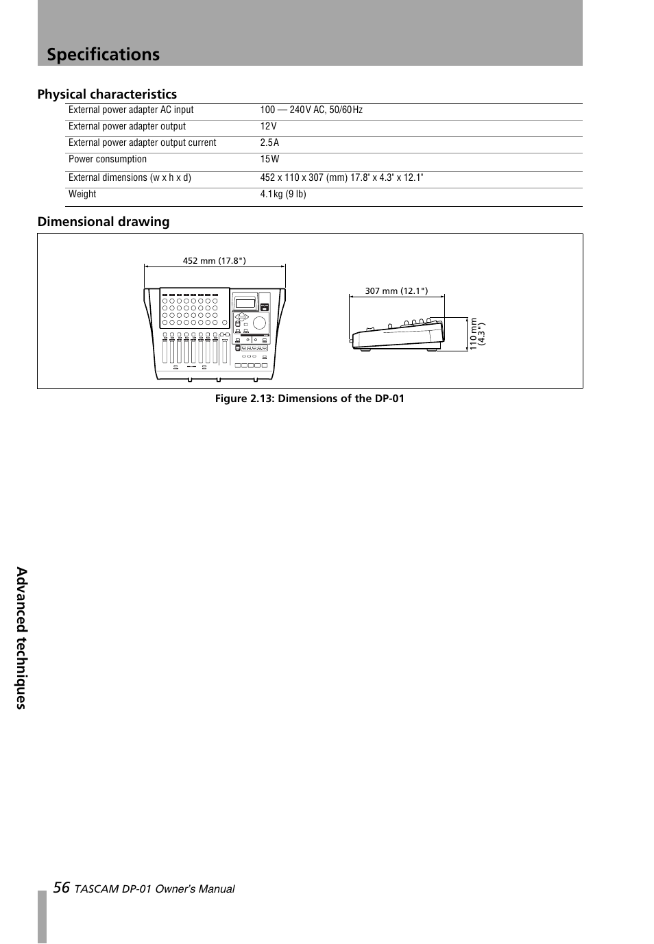 Physical characteristics, Dimensional drawing, Figure 2.13: dimensions of the dp-01 | Specifications, Advanced techniques, Physical characteristics dimensional drawing | Teac DP-01 Series Owners Manual User Manual | Page 56 / 68