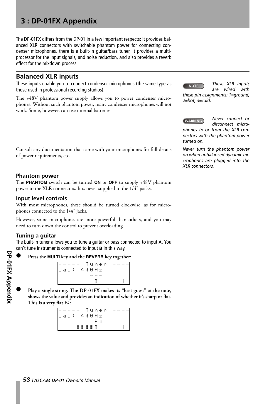 3 : dp-01fx appendix, Balanced xlr inputs, Phantom power | Input level controls, Tuning a guitar, Phantom power input level controls tuning a guitar, Dp-01fx appendix | Teac DP-01 Series Owners Manual User Manual | Page 58 / 68